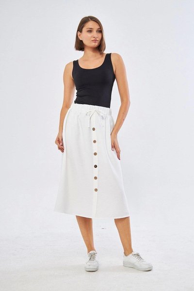 Beyaz Midi Düğme Detaylı Keten Etek