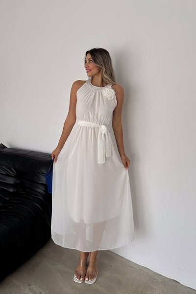 White Midi Belted Chiffon Dress