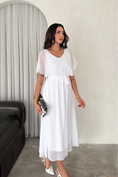 Beyaz Midi V Yaka Bağlama Detaylı Şifon Elbise