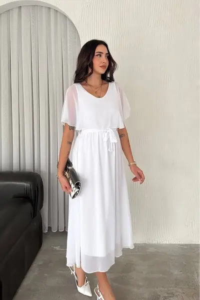 Beyaz Midi V Yaka Bağlama Detaylı Şifon Elbise