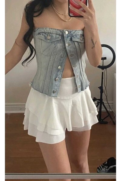 Beyaz Mini Fırfırlı Eteği Kat Yüksek Bel Şort Etek