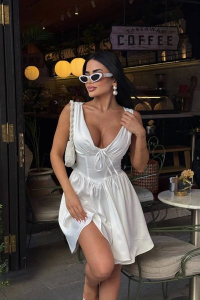 Beyaz Mini Lona Korse Detay Saten Tasarım Elbise
