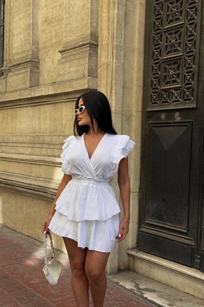 Beyaz Mini Marie Keten Şortlu Tasarım Elbise