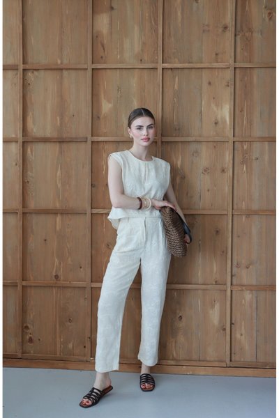Beyaz Nakışlı Crop Bluz-pantolon Premium İkili Takım