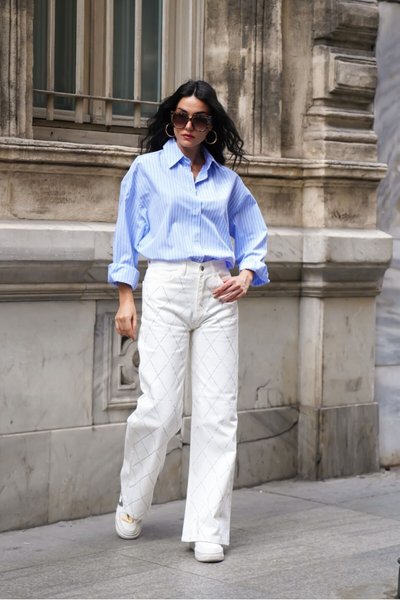 Beyaz Renk Palazzo Önü Starlight Parlak Taşlı Tasarım Denim
