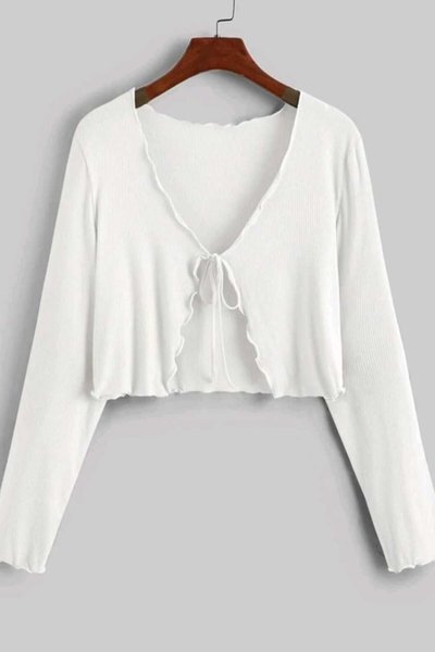 White Fancy Ribbed Stitch Long Sleeve Tie Blouse