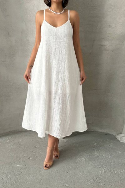 White Long Strappy Lined Adjustable Strap Loose Dress