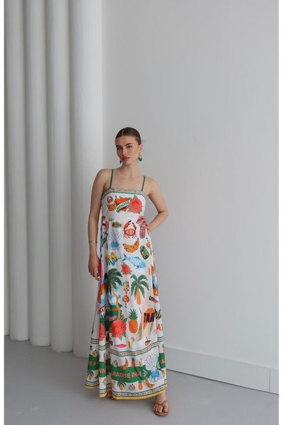 Beyaz Uzun Askılı Yaz Konseptli Tatil Elbise