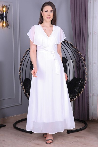 Beyaz Uzun Bağlama Detaylı Şifon Elbise