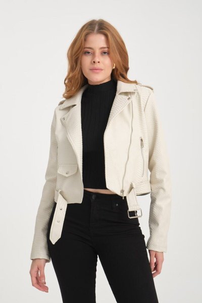 Beyaz Yılan Derisi Detaylı Slim Ceket