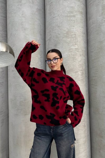 Bordo Boğazlı Leopar Desen Geniş Kol Triko Kazak