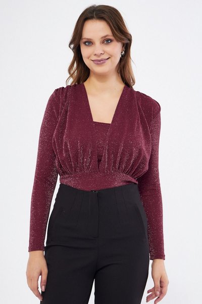 Bordo Ruched Detail Long Sleeve Shimmery Stretch Fabric Snap-Button Bodysuit