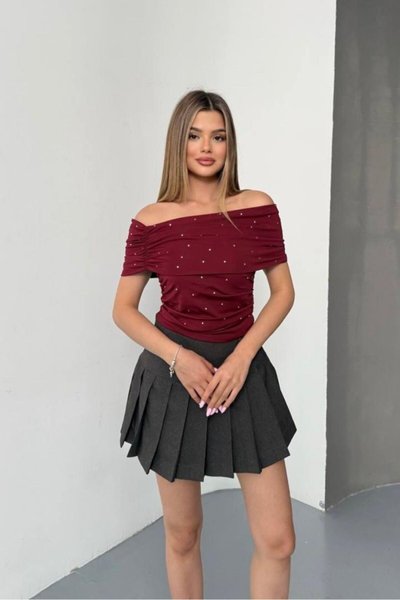 Bordo Dalgıç Kumaş Madonna Yaka Taşlı Crop