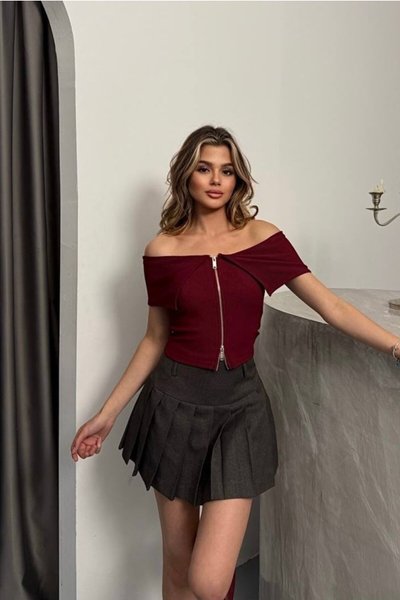 Bordo Fermuarlı Madonna Yaka Ottoman Crop Bluz