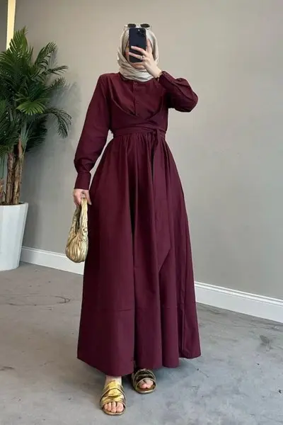 Bordo Gömlek Yaka Bağlamalı Poplin Kumaş Tesettür Elbise