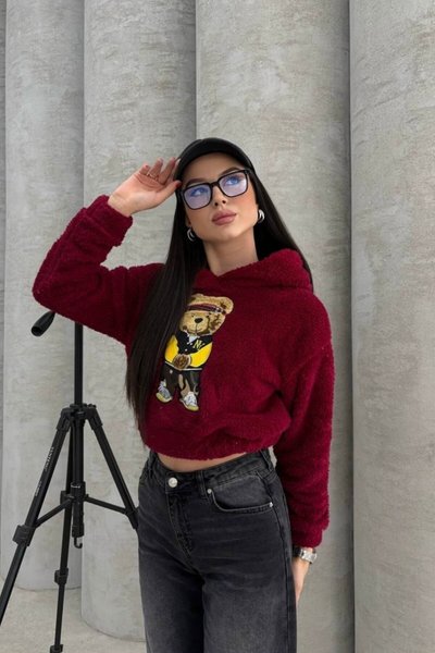 Burgundy Hooded Teddy Bear Embroidered Crop Sweatshirt