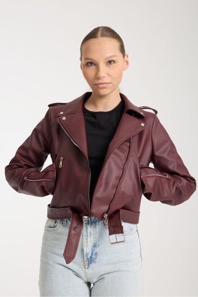 Bordo Kemerli Deri Slim Fit Ceket
