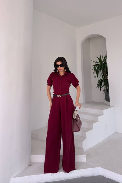 Bordo Kemerli Likralı Tulum