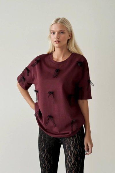 Burgundy Ribbon Detail Oversize T-shirt