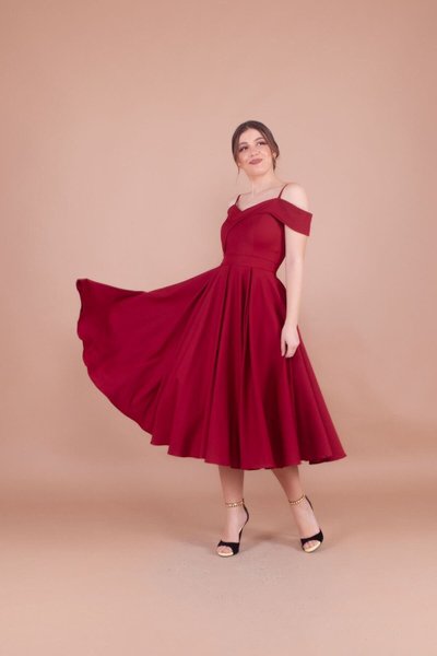 Bordeaux Midi Strapless Off-Shoulder Pleated Evening Dress