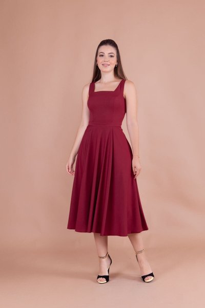 Bordo Midi Askılı Kare Yaka Elbise