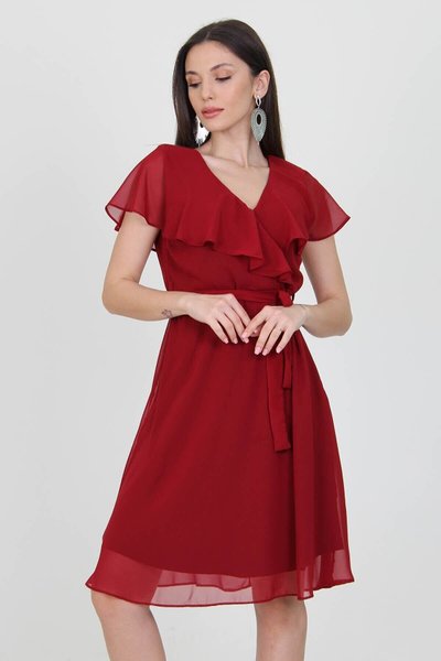 Bordo Midi Astarlı Şifon Elbise