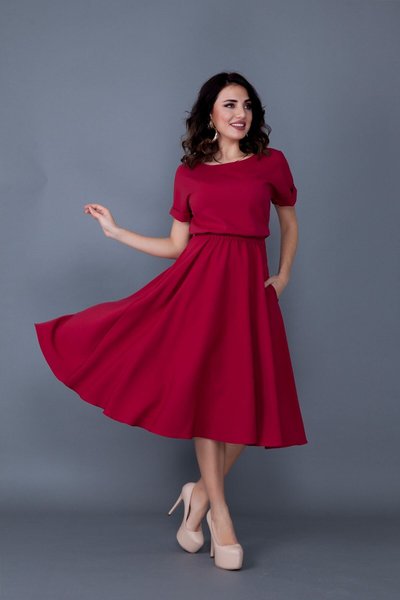 Bordo Midi Beli Lastikli Cepli Yarasa Kol Elbise