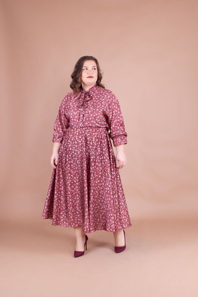 Bordo Midi Çiçek Desenli Saten Yarasa Kol Tesettür Abiye Elbise