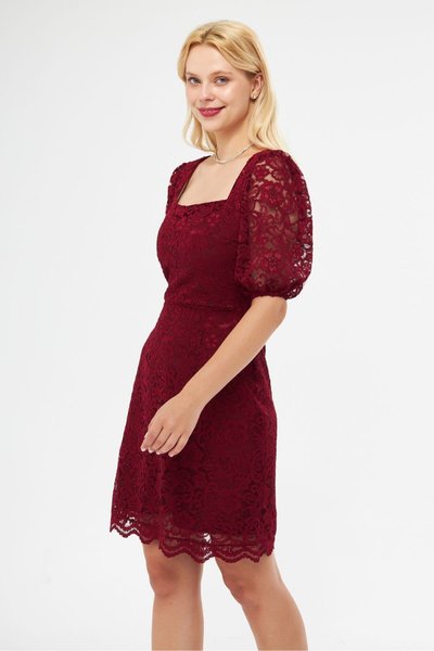 Burgundy Midi French Lace Puff Sleeve Square Neck Evening Dress
