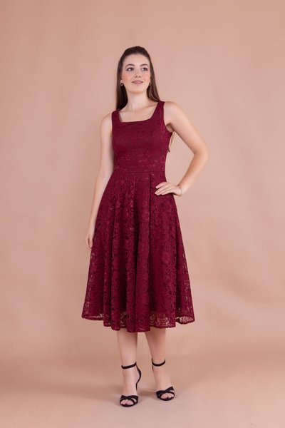 Burgundy Midi French Lace Square Neck Thick Strap Evening Dress