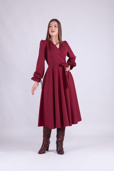 Bordo Midi Kruvaze Yaka Uzun Kol Elbise