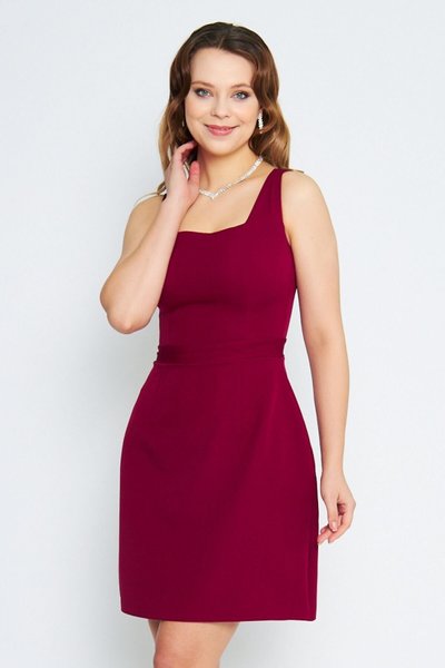 Bordo Mini Askılı Kare Yaka Geniş Diz Üstü Abiye Elbise