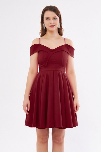 Burgundy Mini Strapless Boat Neck Detail Pleated Flared Evening Dress