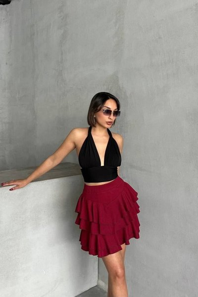 Bordo Mini Bürümcük Kumaş Katlı Şort Etek