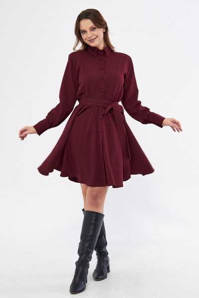Bordo Mini Dokuma Dökümlü Kumaş Uzun Kol Beli Lastikli Ve Kuşaklı Gömlek Elbise