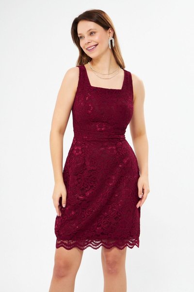 Bordo Mini Fransız Dantel Geniş Askılı Kare Yaka Abiye Elbise
