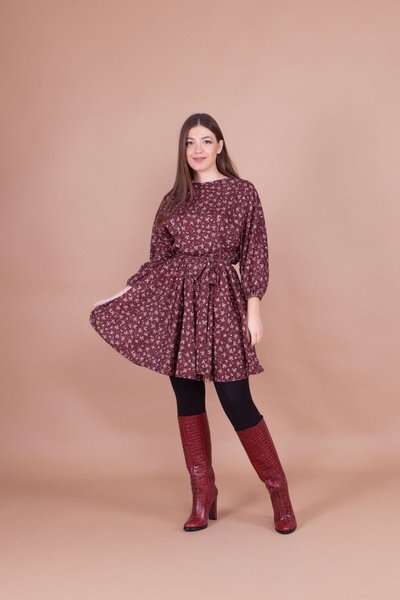 Bordo Mini Kadife Çiçek Desenli Yarasa Kol Elbise