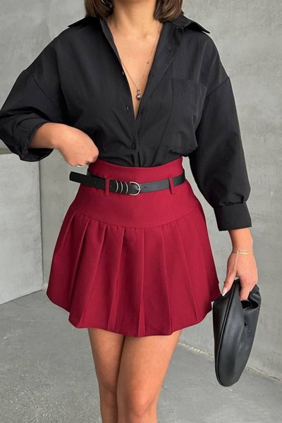 Burgundy Mini Pleated Skirt Shorts with Belt Detail