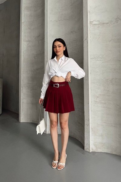 Bordo Mini Pileli Kemerli İçi Astarlı Etek