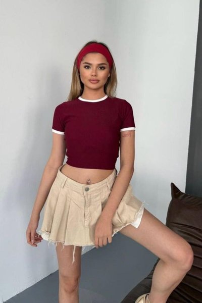 Bordo Ottoman Biyeli Crop Tshirt