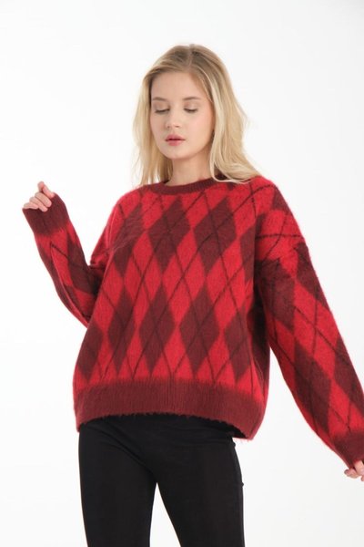 Bordo Oversize Baklava Desenli Kazak