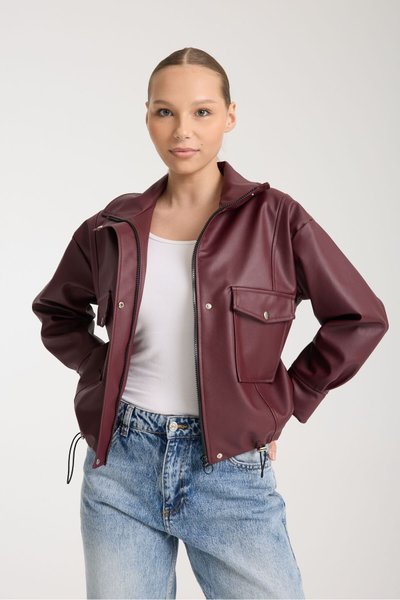 Bordo Oversize Suni Deri Fermuarlı Ceket