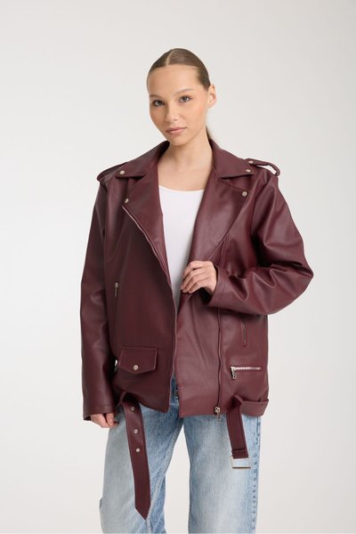 Bordo Oversize Uzun Suni Deri Ceket