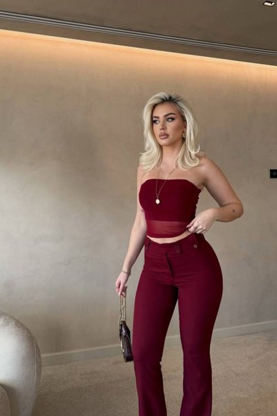 Burgundy Strapless Tulle Crop Fabric Pants Two-Piece Set