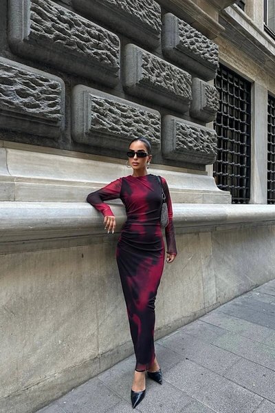 Burgundy Long Anda Patterned Tulle Dress