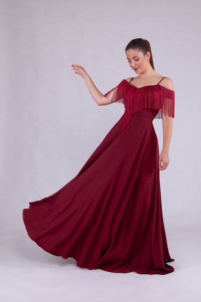 Burgundy Long Strap Boat Neck Tassel Detail Evening Dress