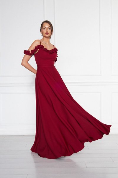 Burgundy Long Adjustable Strap Ruffle Detail Woven Fabric Flared Evening Dress