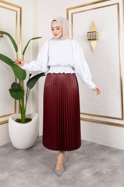 Bordo Uzun Deri Görünümlü Beli Lastikli Piliseli Etek