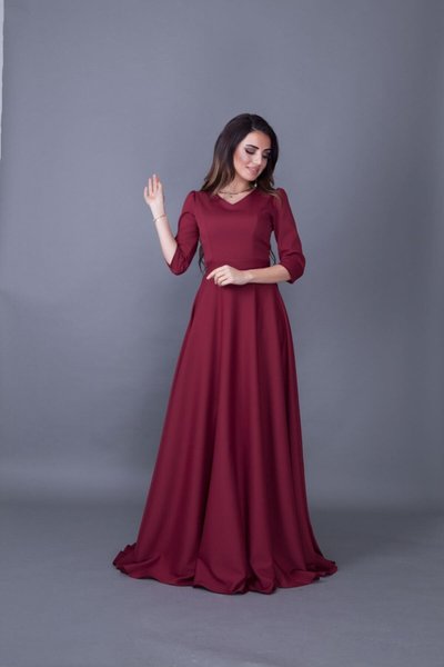 Bordo Uzun V Yaka Tesettür Abiye Elbise
