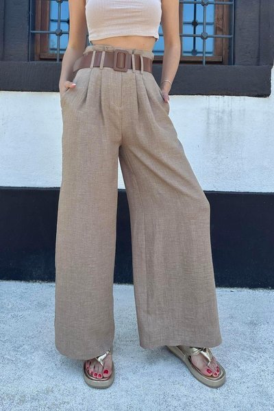 Camel Keten Kemerli Bol Paça Pantolon